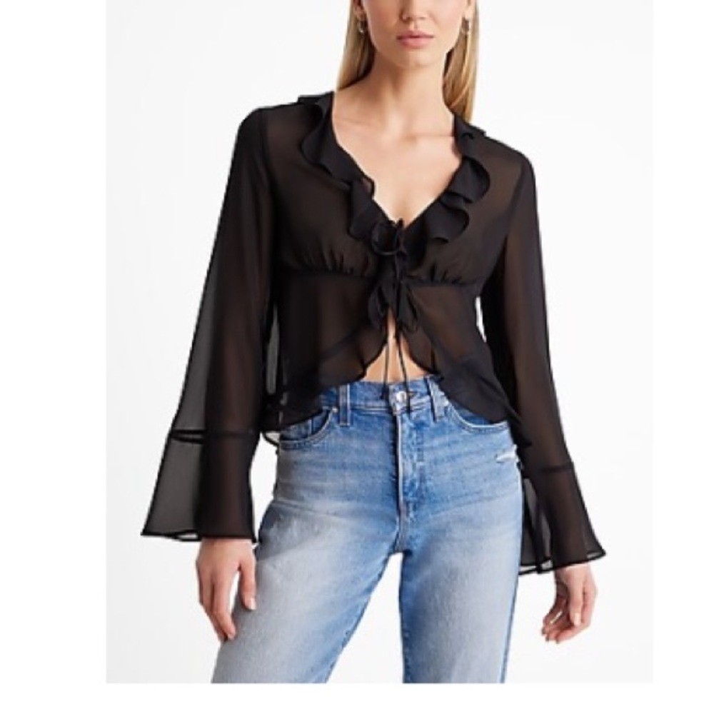 NWT! Express Sheer V-Neck Kimono Sleeve Tie-Front Ruffle Blouse- Size Small